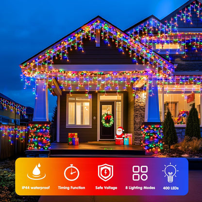 JMEXSUSS 400 LED 38.8Ft Icicle Christmas Lights With Remote - Outdoor Multicolor String Lights Plug in, 8 Mode for Outside Indoor House Yard Patio Eave Decorations