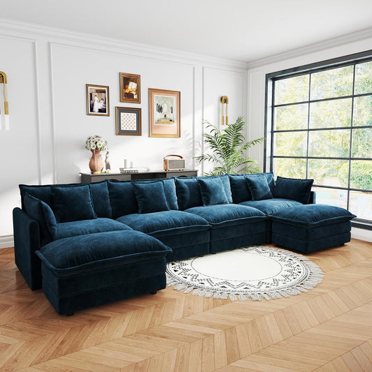 Sectional Sofa 4 Seater with Movable 2 Ottomans,Oversized Modular Couch Deep Seat (Blue, 146.5
