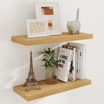 24 x 9 Floating Shelves, 9 Inch Deep Floating Shelf Wall Mounted, 24 Inch Bathroom Shelves Set of 2, Rustic Wood Wall Shelf for Bedroom, Living Room, Oak Color