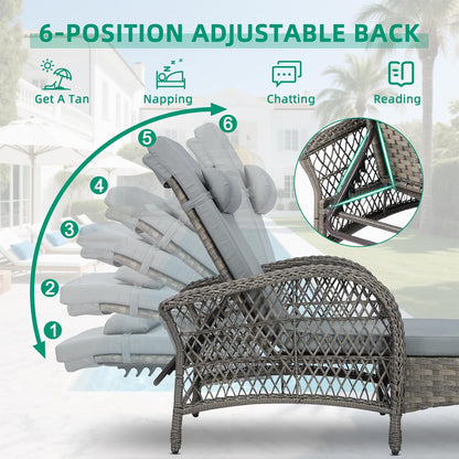 VIVIJASON 3 Pieces Outdoor Wicker Chaise Lounge Chair Set, All-Weather PE Rattan Cushioned Patio Lounger Set of 2 with Side Table, Adjustable Pool Sunbathing Recliner with Armrest & Pillow, Gray
