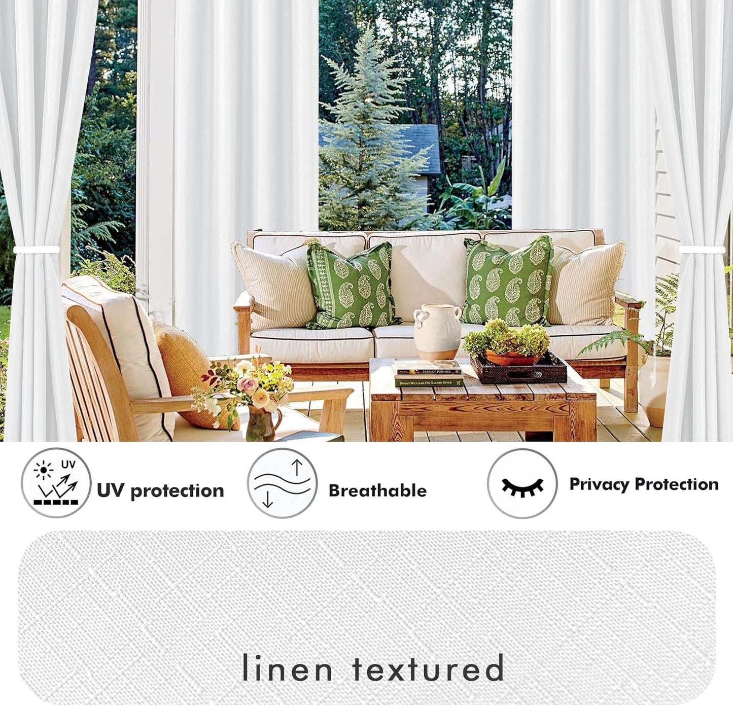 HolidayIdeas 4 Panels Outdoor Curtains for Patio Waterproof White Linen Curtains 95 Inch Length-Indoor/Outside Curtains Weatherproof, Privacy for Pergola, Porch, Gazebo-54 Wide x 95" Long