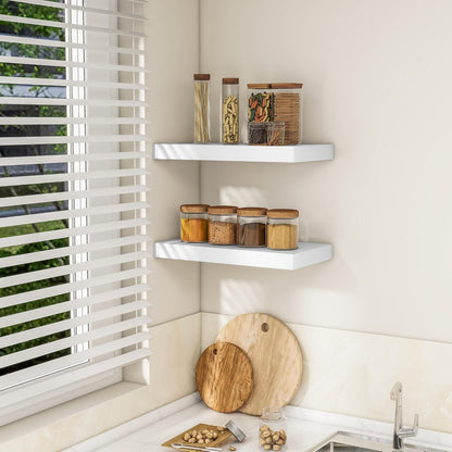 RICHFOCUS 16Inch Floating Shelves for Wall 2 Pack Shelves for Bedroom|Kitchen|Bathroom Wall Mounted Rustic Wood Floating Shelf with Invisible Brackets for Books|Storage|Decor, White