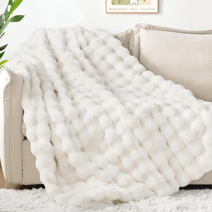 Touchat Luxury 1000GSM Rabbit Faux Fur Blanket, Super Heavy Warm Cozy Brown Blankets for Couch Bed Sofa, Ruched Plush Fuzzy Elegant Soft Reversible Mink Blanket for Living Room Bedroom, 90" x 90"