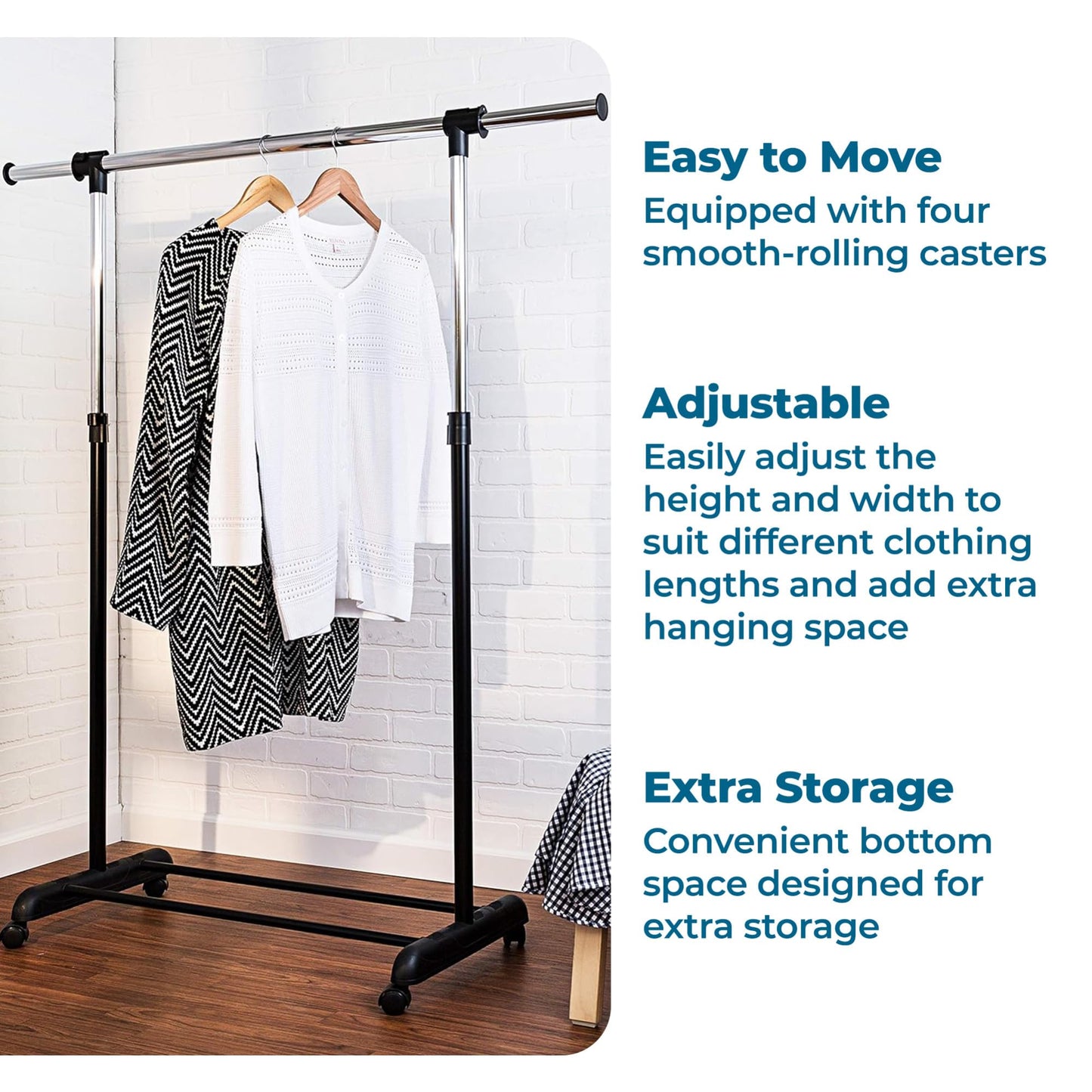 Honey-Can-Do Rolling Garment Rack with Adjustable Height and Width, Metal Clothes Rack, Heavy-Duty
