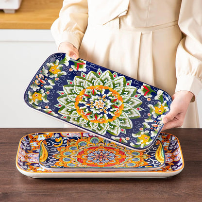 vancasso Serving Platters Set of 3, 16"/14"/12" Inch Rectangular Trays - Serving Platter Extra Large, Bohemian Ceramic Serving Dish for Entertaining Food, Microwave & Dishwasher Safe, Colorful
