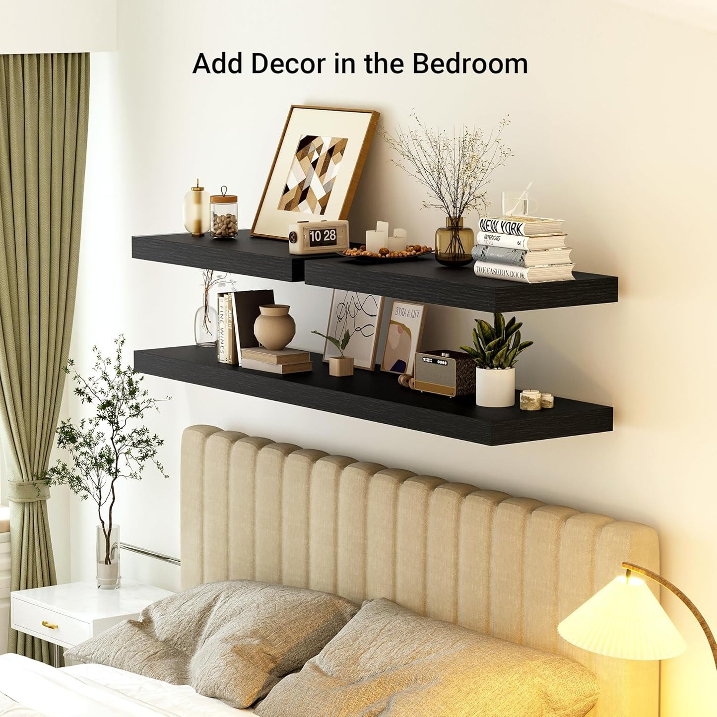 Heimlove 12" Deep Floating Shelves, 36 x 12 Inch Wall Mounted Long Floating Shelf with Invisible Brackets, for Home Decor, Bedroom, Kitchen, Living Room, Bathroom - 1 Pack, Black