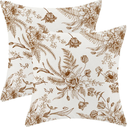 CXMEIFLY Spring Floral Leaves Pillow Covers 22 x 22 Inch Set of 2 for Chinoiserie Flowers Decor Throw Pillows Brown and White Seasonal Plant Outdoor Decorative Cushion Cases for Couch Bed Decorations
