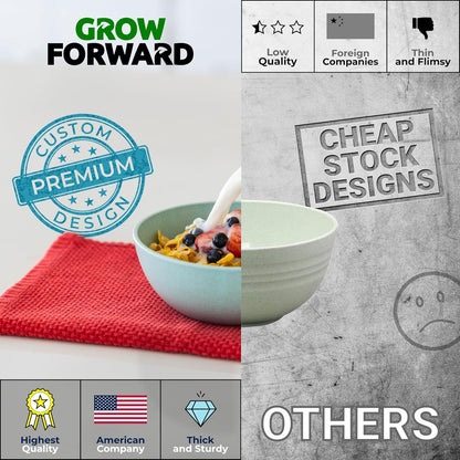 Grow Forward Premium Wheat Straw Bowls - 34oz Microwave Safe Plastic Cereal Bowls Set of 8 for Kitchen, Camping, RV, Dessert, Snack, Soup, Salad, Fruit - Reusable, Unbreakable & BPA Free - Seascape