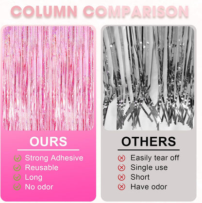 3 Pack 3.3x8.2 Feet Laser Pink Foil Fringe Backdrop Curtains, Tinsel Streamers Birthday Party Decorations, Fringe Backdrop for Graduation, Baby Shower, Gender Reveal, Disco Party