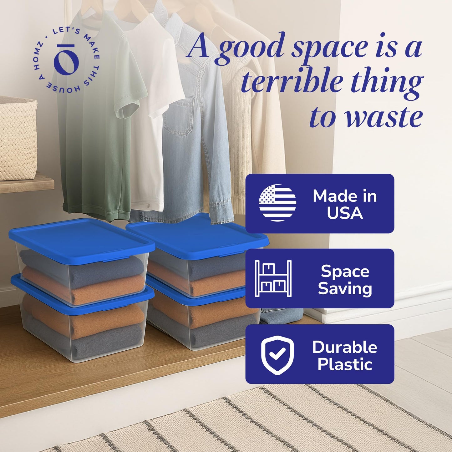 HOMZ 4-Pack Snaplock, Small Clear Plastic Storage Organizer Bins w/Lids, 12 Quart, Blue - Stackable