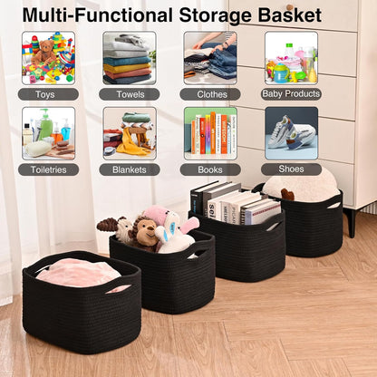 Black Storage Baskets for Shelves, Small Storage Baskets for Organizing, Woven Cotton Rope Baskets for Storage, Book Basket, Decorative Shelf Basket, 12.5"Lx9.1''Wx7.9''H (4 Packs) Black