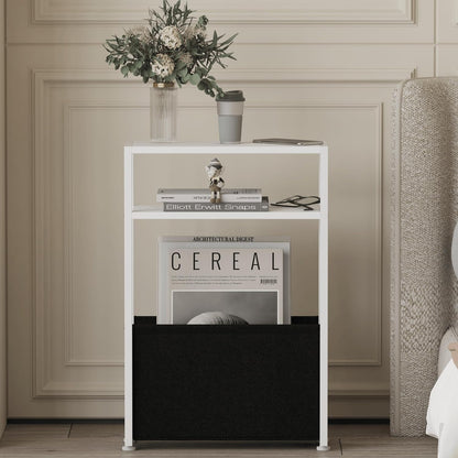 Narrow Side Table, Slim End Tables with Fabric Basket, Skinny Table for Small Spaces, Thin Bedside Table for Living Room, Bedroom, White, ZBZ01