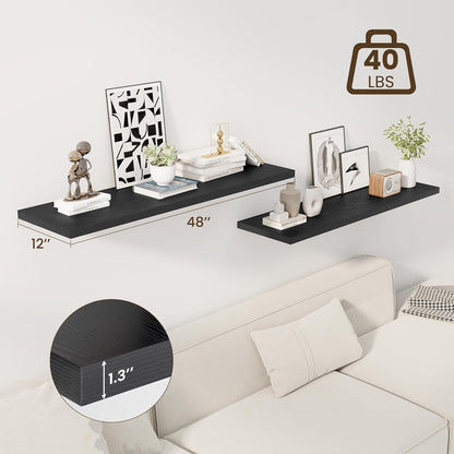48" Floating Shelves for Wall, 12" Deep Slim Black Floating Shelves, Wall-Mounted Shelves for Bedroom, Living Room, Kitchen, Bathroom - Set of 2