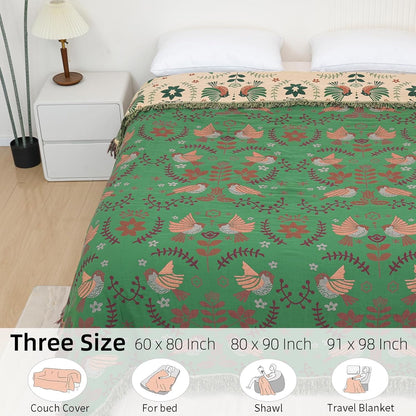 Boho Throw Blanket for Bed, 100% Pure Cotton Ultra Soft Rustic Quilt, Farmhouse Decor Bed Blankets, All Season Rustic Throw for Sofa Couch Chair(80''x 90'', Bird B)