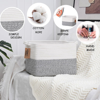 COMFY-HOMI Cotton Rope Woven Basket with Handles for Shelves,Toys,Book, Cloth Storage Baskets Bin for Organizing-13.5"x11"x9.5" Toy Decorative Organizer for Living Room, Bathroom-White/Grey