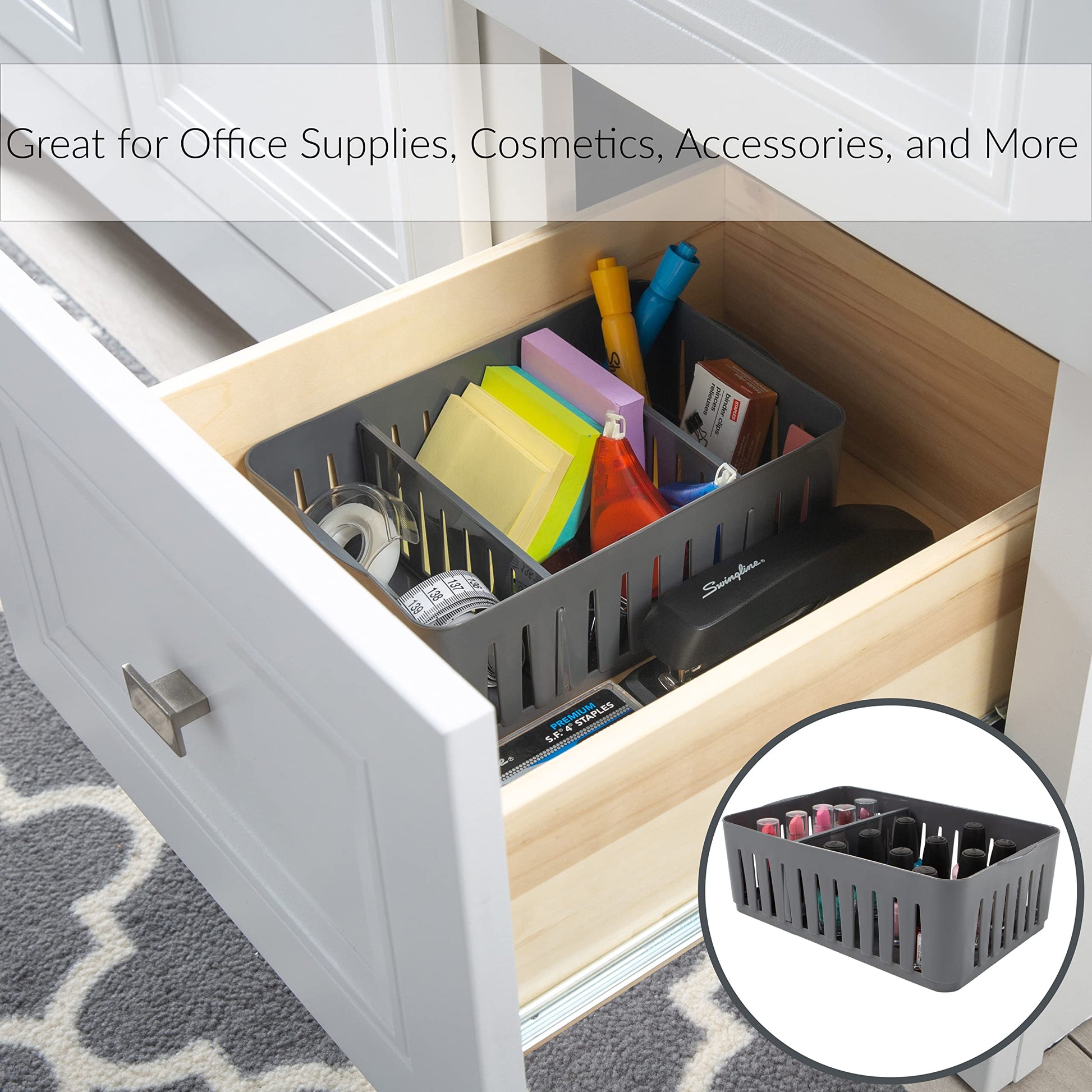 Simplify 4 Pack 3 Compartment Stackable Bin with Adjustable Dividers | Drawer Organizer | Storage