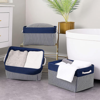 TcaFmac Storage Basket for Organizing - Large 4 Pack Foldable Storage Bins Baskets for Shelves with Ropes, Fabric Storage Cubes for Cloth Toy Gift Kids (Navy & White 16x12x8 inch)