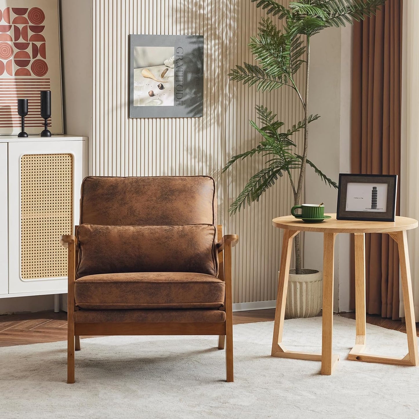 Karl home Accent Chair Wide Armrest Mid-Century Lounge Chair Bronzing Cloth Armchair with Lumbar Pillow & Solid Wood Frame for Living Room, Bedroom, Balcony, Brown