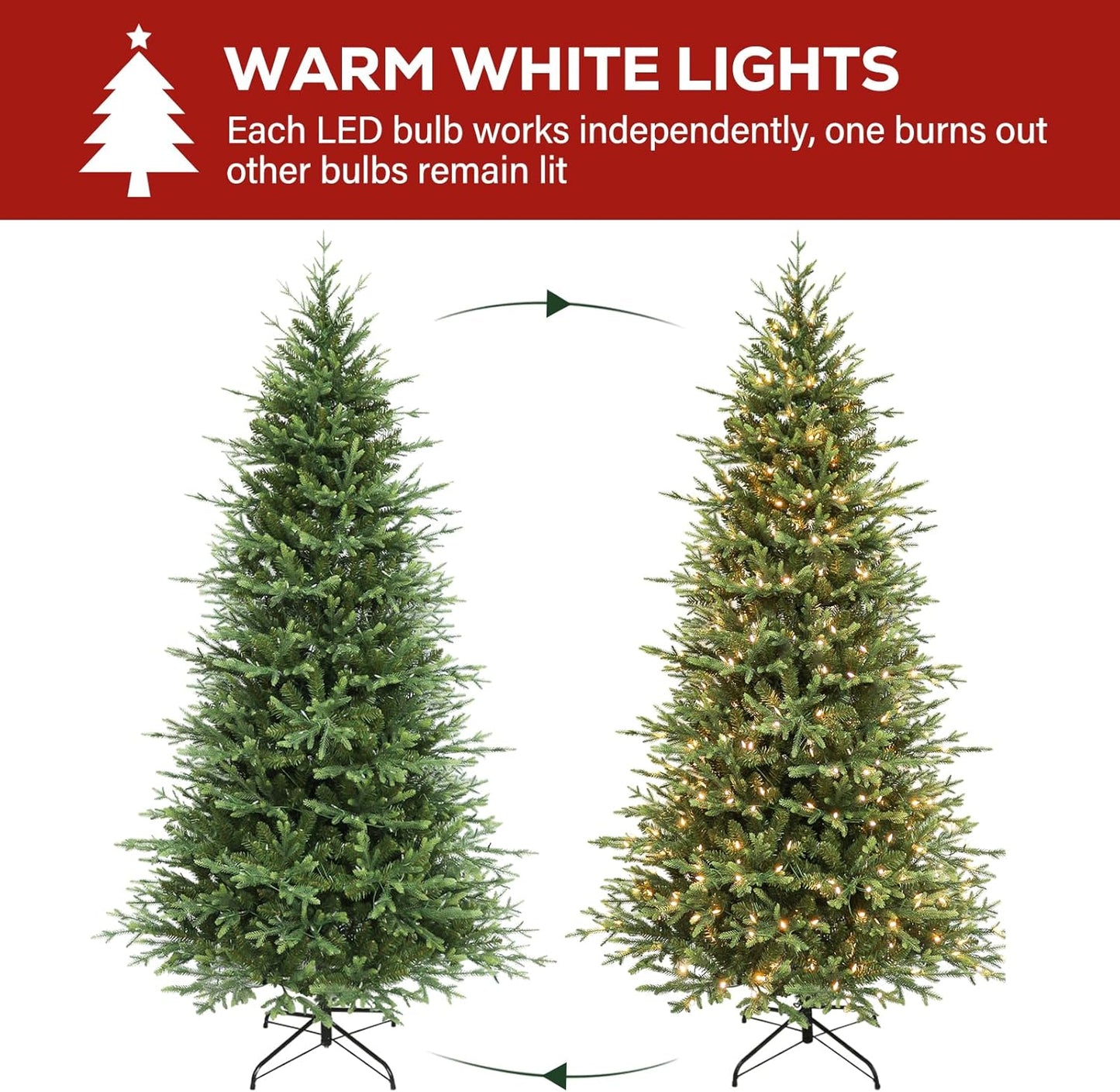 Hykolity 7.5 ft Prelit Artificial Christmas Tree, 2933 PE&PVC Branch Tips, 450 Warm White LED Lights, Metal Stand and Hinged Branches