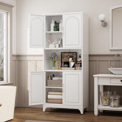 75" Tall Kitchen Pantry Storage Cabinet, Metal Storage Cabinets with 4 Doors and Adjustable Shelves，White Kitchen Hutch Cabinet with Microwave Stand, Large Cupboard for Dining Living Room