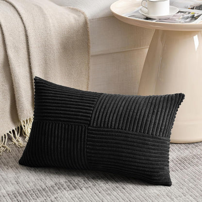 Fancy Homi 2 Packs Black Lumbar Decorative Throw Pillow Covers 14x24 Inch for Couch Bed Sofa, Rustic Farmhouse Boho Home Decor, Soft Striped Corduroy Rectangle Accent Cushion Case 35x60 cm