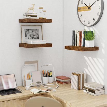 Fun Memories Wood Floating Shelves 16 Inch, 10 Inch Deep Shelves Wall Mount, Wall Shelves with Invisible Bracket, 16" Floating Shelves for Living Room Bathroom Bedroom, Rustic Brown, Set of 2