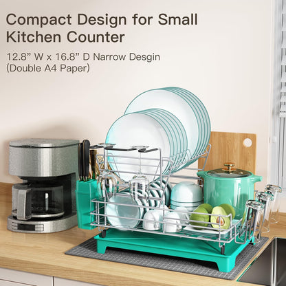 BOOSINY 2 Tier Turquoise Large Stainless Steel Dish Drainers Drying Rack for Kitchen Counter with Drainboard, Rust Proof Metal, Space Saving, Modern Aesthetic, Compact Plates Strainers with Extra Mat