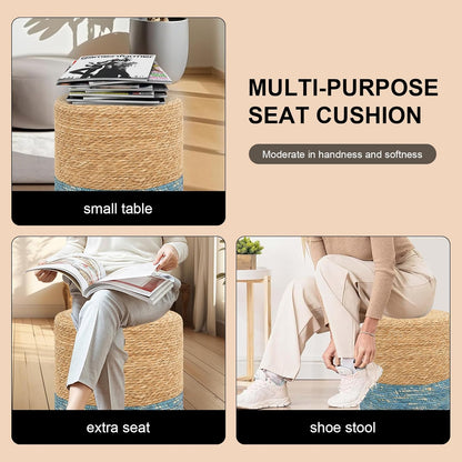 16'' Round Ottoman Natural Seagrass Braided Poof Hand Weaving Round Ottomans Boho Footrest Stool for Home Living Room Bedroom Patio(Natural&Blue)