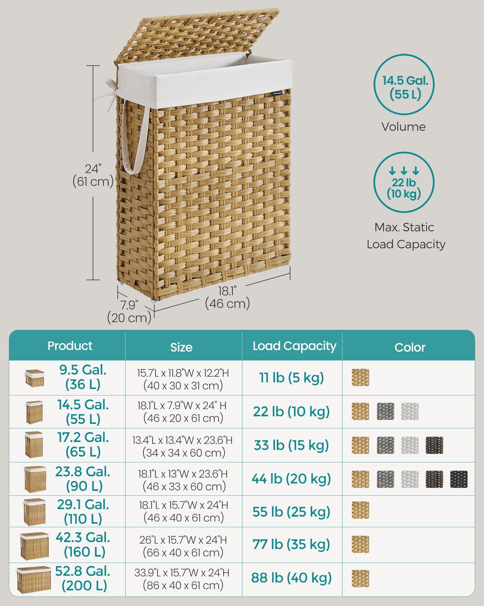 SONGMICS Slim Laundry Hamper with Lid, 14.5 Gallon (55L) Rattan Clothes Laundry Basket with Lid and