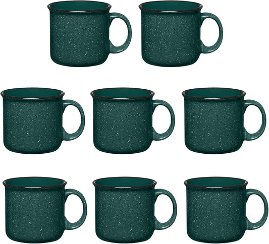 Set of 8 Ceramic Campfire Mugs – 15 Oz, Green – Coffee & Tea Cups for Home, Work, Travel, Camping