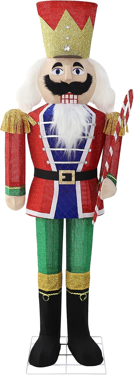 5FT Lighted Nutcracker with Candy Cane for Christmas Decoration, 3D Pre-Lit Iridescent Soldier Xmas Decor with 100 Warm White Lights, Glittered Standing Holiday Display for Outdoor, Indoor
