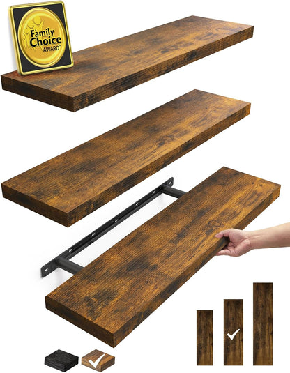 BAYKA Floating Shelves for Wall, 22.5 inches Wall Mounted Rustic Wood Shelves for Bathroom, Bedroom, Living Room, Floating Shelves for Books/Storage/Decor(Rustic Brown,Set of 3)
