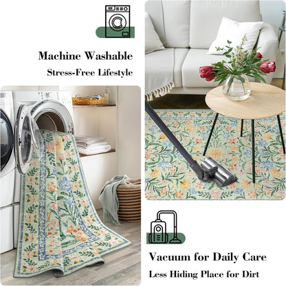 Wonnitar 10x14 Machine Washable Area Rugs, Green Floral Large Rugs for Living Room, Ultra-Thin Foldable Boho Flower Print Bedroom Carpet for Dorm Apartment Office