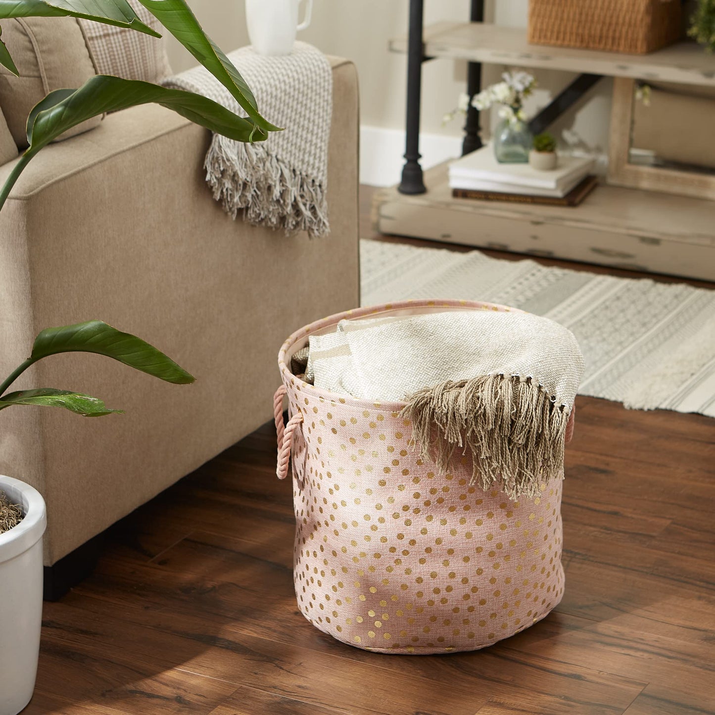DII Polyester Storage Bin Gold Metallic Collection Collapsible with Handles Large Round Millennial