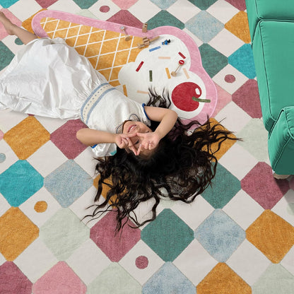 jinchan Round Rug 4ft Kids Washable Rug Indoor Floor Cover Non-Slip Soft Modern Elementary School Classroom Colorful Diamond Carpet for Nursery Daycare Bedroom Playroom Living Room Confetti on Cream