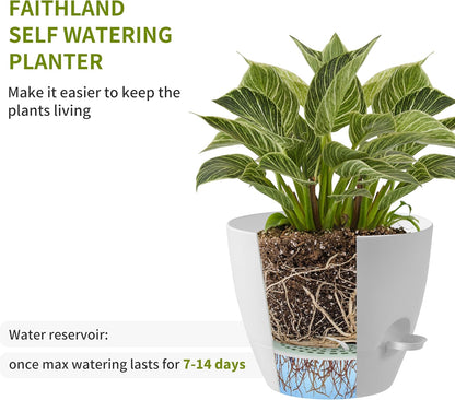 FaithLand 3-Pack Large Planter Pots, 12 10 9 Inch Self Watering Flower Pots for Indoor Outdoor Garden Plants, White