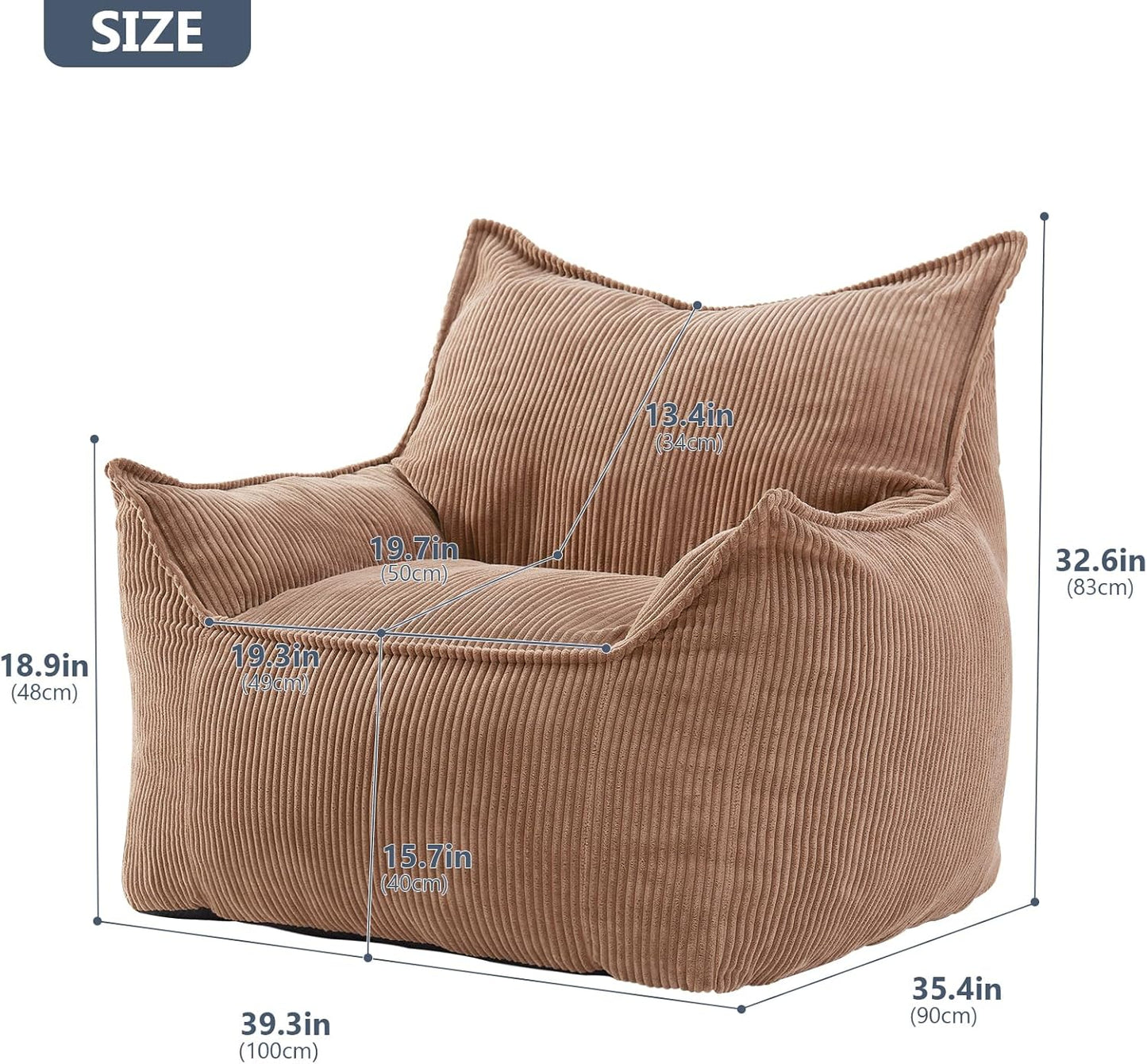 Giant Bean Bag Chair Sofa for Adults Teens, Comfy Corduroy Large Bean Bag Chairs with Armrests for Bedroom Living Room, Adult BeanBag Lazy Sofa Couch Chairs with Filler Included