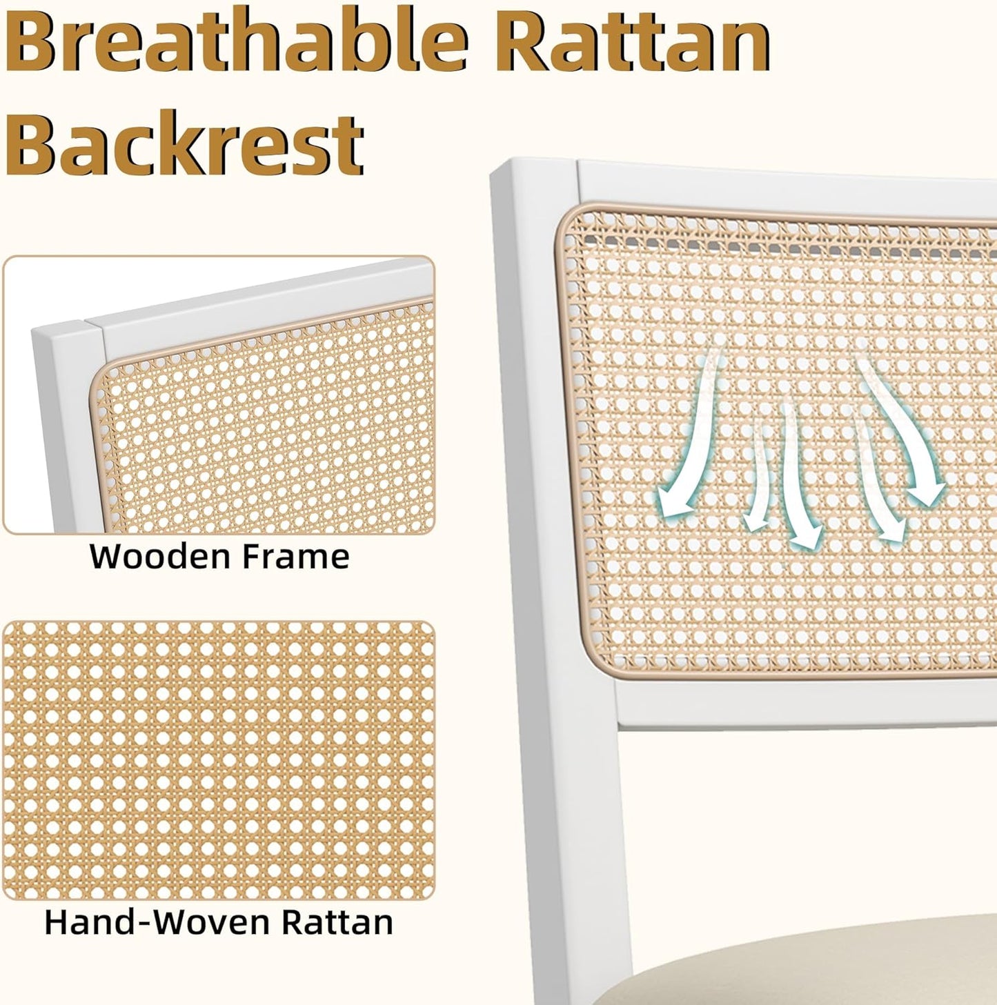 Westice Rattan Dining Chairs Set of 6, Farmhouse Natural Dining Room Chairs with Upholstered Cushion, Wood Armless Chairs for Kitchen/Restaurant, White