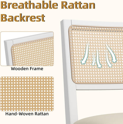 Westice Rattan Dining Chairs Set of 6, Farmhouse Natural Dining Room Chairs with Upholstered Cushion, Wood Armless Chairs for Kitchen/Restaurant, White