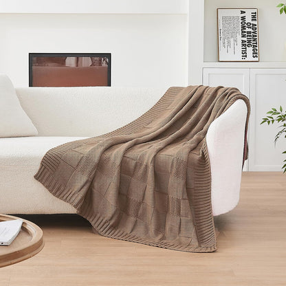 CozeCube Check Knit Throw Blanket, Light Brown Checkered Throw for Couch, Decorative Christmas Soft Cozy Warm Knitted Blanket for Bed Sofa Living Room, 60"X80"