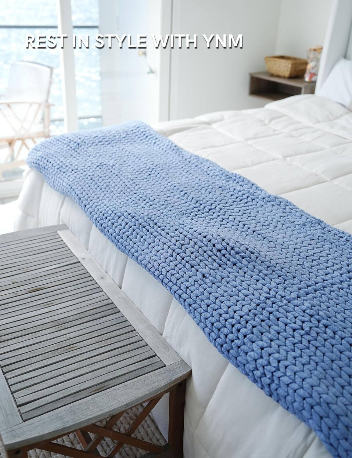 YnM Chunky Throw Blanket, Medium-Weight, Hand Knitted, Skin Friendly, Ventilated and Breathable, Machine Washable, Home Décor Piece for Couch, Sofa and Bed (Cerulean Blue, 50x70 Inch)