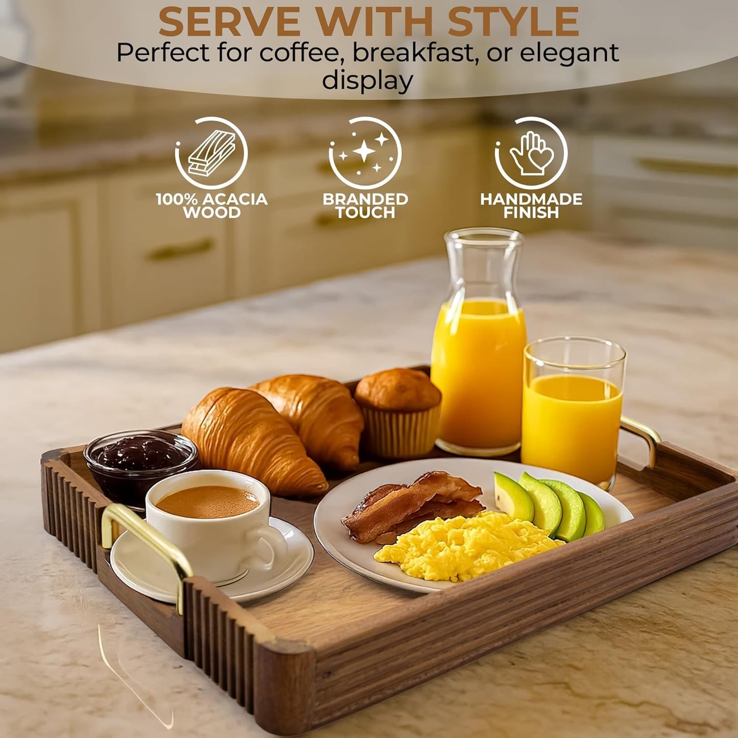 Acacia Wood Serving Tray with Metal Handles  – 17x12in Rustic Decorative Ottoman & Coffee Table Tray for Breakfast in Bed, Dinner, Bar, Kitchen, Home Décor & Entertaining