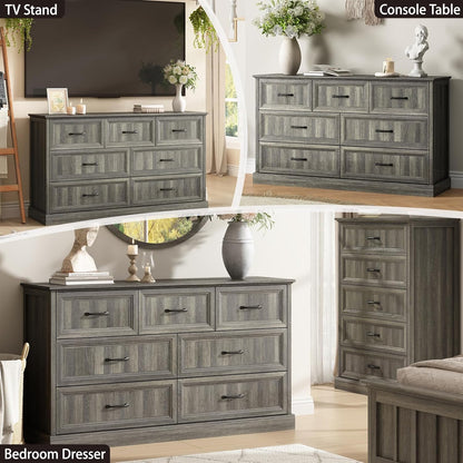 Farmhouse 7 Drawer Dresser for Bedroom, 55 Inch Wide Modern Grey Dresser TV Stand with Large Drawers & Bar Handles, Rustic Wood Chest of Drawers for Bedroom, Living Room, Hallway, Entryway.