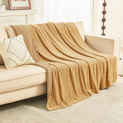 EMME Muslin and Fleece Twin Blanket Reversible - 60"*80" Beige Soft Warm Throw Blankets for Couch Bed Picnic Travel Bed