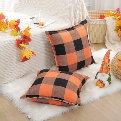 decorUhome Fall Orange and Black Decorative Throw Pillow Covers 16x16 Set of 2, Buffalo Plaid Check Farmhouse Cushion Covers with Stitched Edge for Autumn Harvest Couch Sofa Bed Home Decor