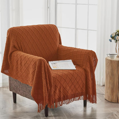 inhand Knitted Throw Blankets for Couch and Bed, Soft Cozy Knit Blanket with Tassel, Orange Rust Lightweight Decorative Blankets and Throws, Farmhouse Warm Woven Blanket for Men and Women, 60"x80"