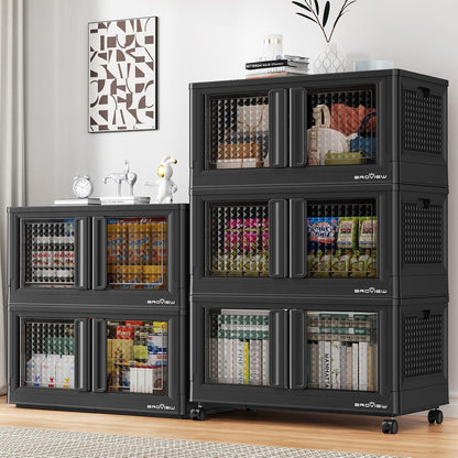 500Qt Stackable Storage Bins with Lids, 125Gal Closet Organizers and Storage Drawer, Plastic Collapsible Storage Bins with Doors, Heavy Duty Store Box Cabinet for Home Kitchen, 5Pack Black