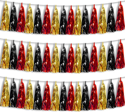 3P Black-Red Gold Foil Fringe Metallic Tassel Garland, Tassels Banner Streamers for Parade Floats, Bachelorette, Wedding, Birthday, Halloween, Christmas, Bridal/Baby Shower Party Decorations