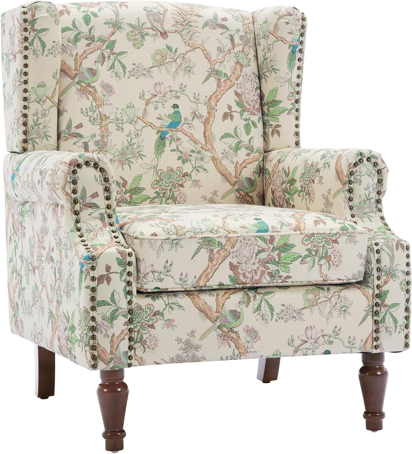 UIXE High Back Floral Accent Chairs Set of 2, Fabric Upholstered Armchair for Living Room, Retro Printed Wingback Arm Chair Rivet Trimed Single Sofa Bedroom Reading Seat - Bird
