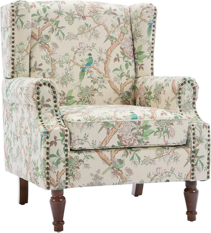 UIXE High Back Floral Accent Chairs Set of 2, Fabric Upholstered Armchair for Living Room, Retro Printed Wingback Arm Chair Rivet Trimed Single Sofa Bedroom Reading Seat - Bird